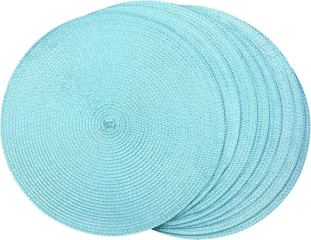 Woven Placemats Round Plastic 38cm Stylish and Practical Dining Table Mats Set of 8 (White) (Blue One Size)