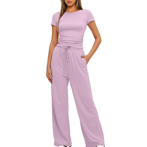 Women's 2 Piece Lounge Set Ruched Short Sleeve Tops High Waisted Wide Leg Pants (Pink , Small)