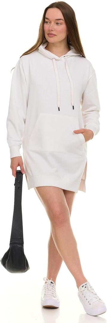 Hoodie Dress for Women  Trendy Pullover Long Fleece Oversized Sweatshirt Dresses for Women 2025 with Pockets, Split Hem (Medium, White)