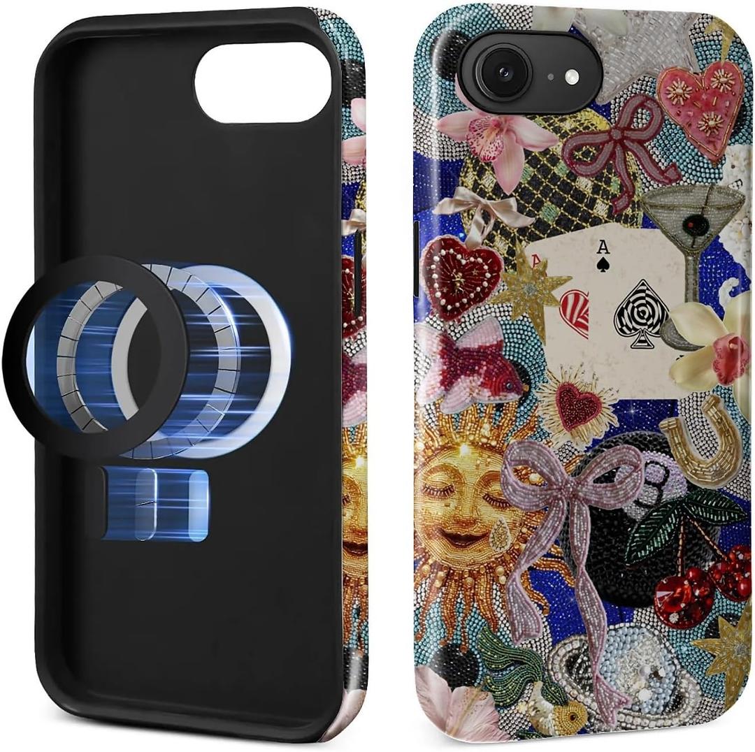 Magnetic Case for iPhone 16e,Compatible with MagSafe Hybrid Heavy Duty 2 in 1 Full Body Rugged Shockproof Protection Glossy Case Vintage Mosaic Charm Collage