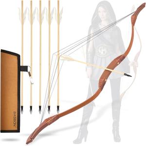 Youth Wooden Bow and Arrow Set, 40 Inch Archery Set Microfiber Leather-Wrapped, Handmade Toys Bow and Arrow Cosplay Costume Prop Games, 5 Feather Arrows (Rubber Tip), Gifts for Kids Boys Girls (Brown)
