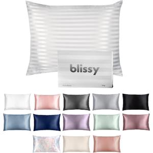 Blissy Silk Pillowcase - 100% Pure Mulberry Silk - 22 Momme 6A High-Grade Fibers - Silk Pillow Cover for Hair & Skin - Regular, Queen & King with Hidden Zipper (Standard, White Striped)