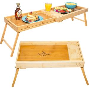 Breakfast Bed Tray for Two - Couple Bed Table Tray w/Cup Holder, Serving/Eating Food Trays - Space Saving Couch, Garden, Couple Food, Gift Ready Wooden Lap Trays with Legs, Bamboo