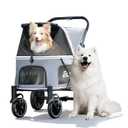 EchoSmile Dog Stroller for Large Dogs, 135lbs Weight Extra Large Pet Stroller, 4 Wheels Cats & Dogs Carrier with Brakes, Breathable Mesh Windows & Pocket, Gray