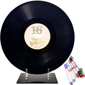 ReeGii Vinyl Record Guest Book for 16th Birthday Decorations - Large 11.6"x11.6" Birthday Party Sign Poster with 12 Pens,Unique Keepsake Gift for Friends and Family (16th, 16th - 01, 11.6"W x 11.6"L)