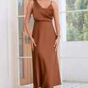 Women's Summer Satin Dress Elegant Cowl Neck Adjustable Spaghetti Strap Wedding Guest Cocktail Party Maxi Dresses (Brown, S)