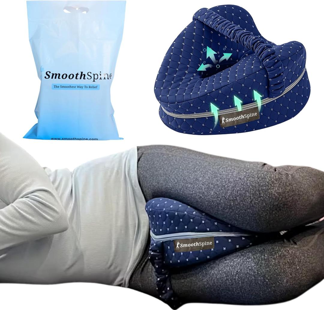SmoothSpine Alignment Leg Pillow for Side Sleepers  Ergonomic Memory Foam Knee Pillow with Adjustable Strap, Supports Hip & Back, Washable Breathable Cover for Restful Sleep, Navy