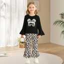 Toddler Girl Clothes Long Flare Sleeve Tops Bell Bottom Pants Baby Girls Clothing Sets Cartoon Graphic Outfit (Black)