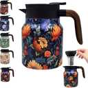 Vintage Floral Pattern Tea Pots Built-in Infuser,Vintage Floral Teapot with Built In Infuser Stainless Steel Thermal Carafe with Lid for Hot Drinks,Purple (Wooden handle,35oz)