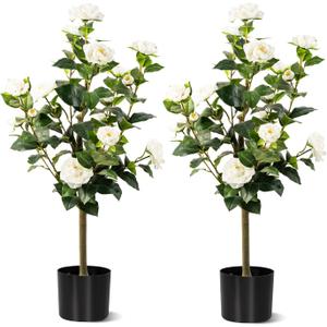 3FT Artificial Camellia Tree 2 Pack, Artificial Plants Outdoor Faux Floral Plant in Cement Pot Fake Silk Camellia Tree Plants for Home House Living Room Office Decor