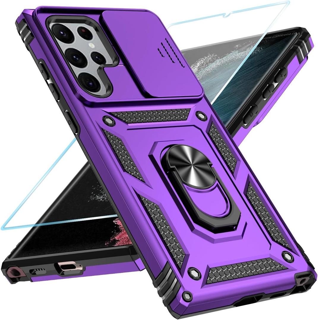 SunStory Phone Case for Samsung Galaxy S22 Ultra 5G Case with HD Screen Protector & Slide Camera Cover & Rotated Ring Kickstand, [Military-Grade] [2 in 1] Phone Case for Galaxy S22 Ultra 6.8",Purple
