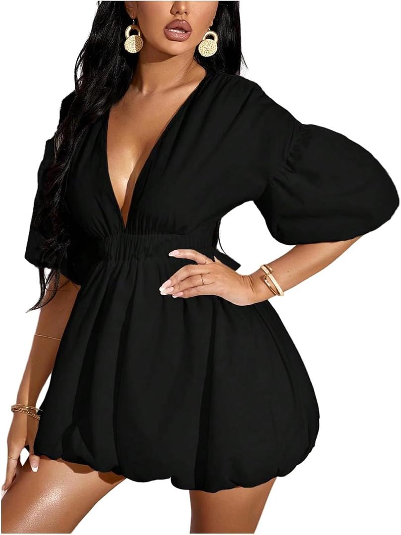 WDIRARA Women's Deep V Neck Puff Sleeve High Rise Flare Dress Elastic Waist Dress, Large