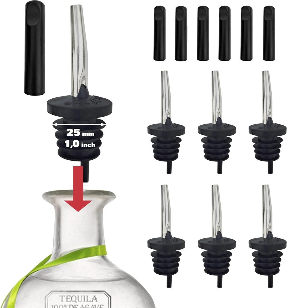 Esatto 6 Pack Metal Pourer Spouts for Oversized Bottles, Includes 6 Dust Caps to Protect from Dirt & Debris, Pour Spouts for Bottles, Liquor Bottle Pourers for Alcohol & Olive Oil