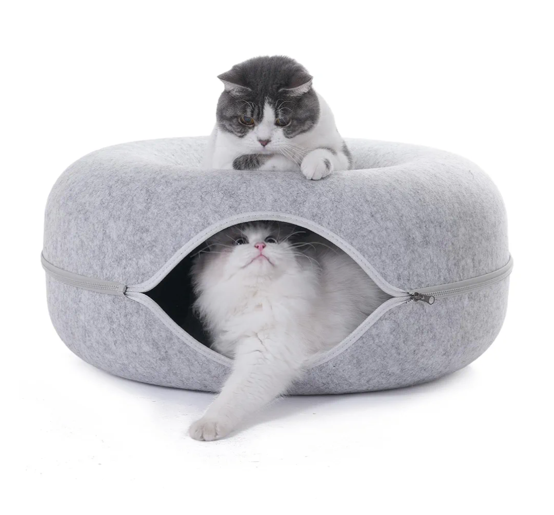 Large Cat Tunnel Bed for Indoor Cats  Scratch Resistant Donut Cat Bed, Up to 30 Lbs (L 24x24x11, Light Grey)