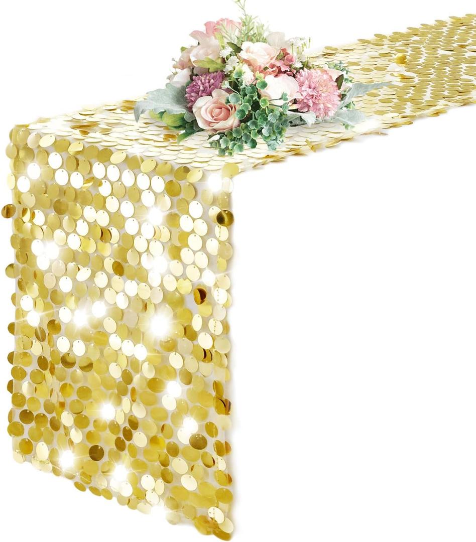 Pufogu 12 x 108 Inch Sequin Table Runner, Gold Glitter Premium Big Sequin Table Runner, Rectangle Table Runner for Halloween, Christmas, Wedding Party, Birthday Party, Banquet Decor (1 Pack). (12"x108" 1PCS)