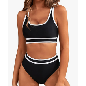 BMJL Women's High Waisted Bikini Sets Sporty Two Piece Swimsuits Color Block Cheeky High Cut Bathing Suits L