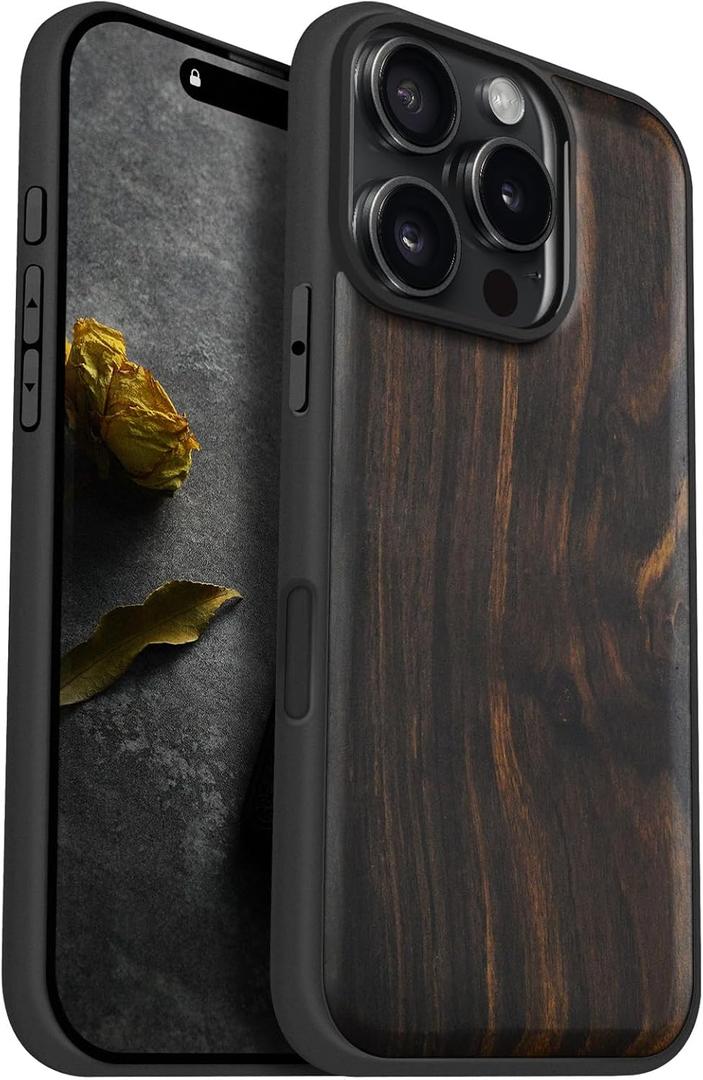 Carveit Magnetic Wooden Case for iPhone 16 Pro Case, Solid Wood & Black Soft TPU Shockproof Cover, Compatible with MagSafe Wireless Chargers (Natural Grain) Blackwood