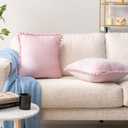 PAVILIA Light Pink Throw Pillow Covers with Pom Pom 18x18 Set of 2, Decorative Pillow Cases for Bedroom Aesthetic, Small Throw Pillows Set for Bed, Velvet Euro Plush Cushion Covers for Sofa Couch