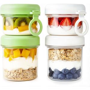 LKTKJDS On the Go Yogurt Parfait Snack Cup 26 oz with Spoon & Lid, 100% Leak Proof Granola Holder for To Go Breakfast Cereal Fruit Overnight Oats Container Reusable, Travel Hiking Camping 2 Pack (White and green Oatmeal Cup)