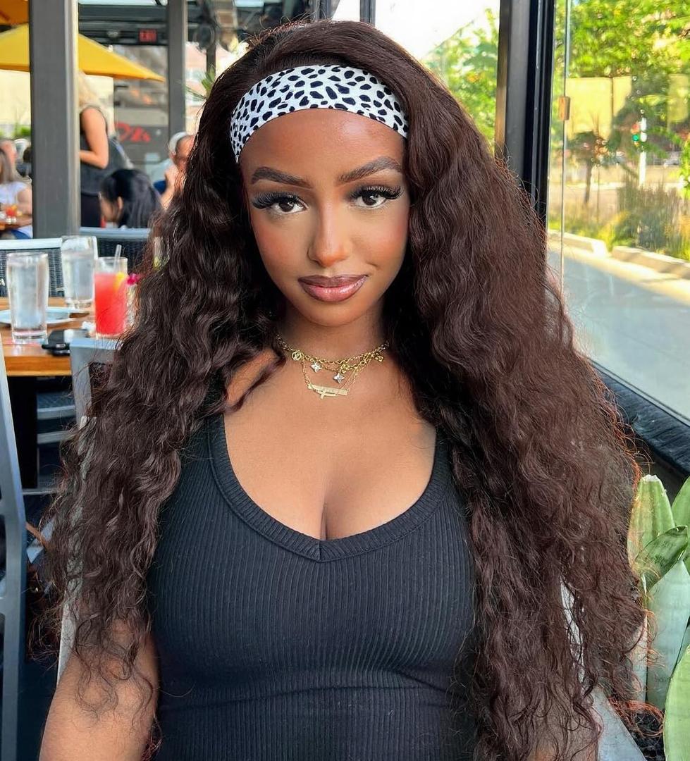 Curly Headband Wig for Women, 20 Inch Wear and Go Glueless Wigs Deep Wave Wig Half Wig As Human Hair with 1 Headband, 180% Density Synthetic Wigs None Lace Front (Brown wig)