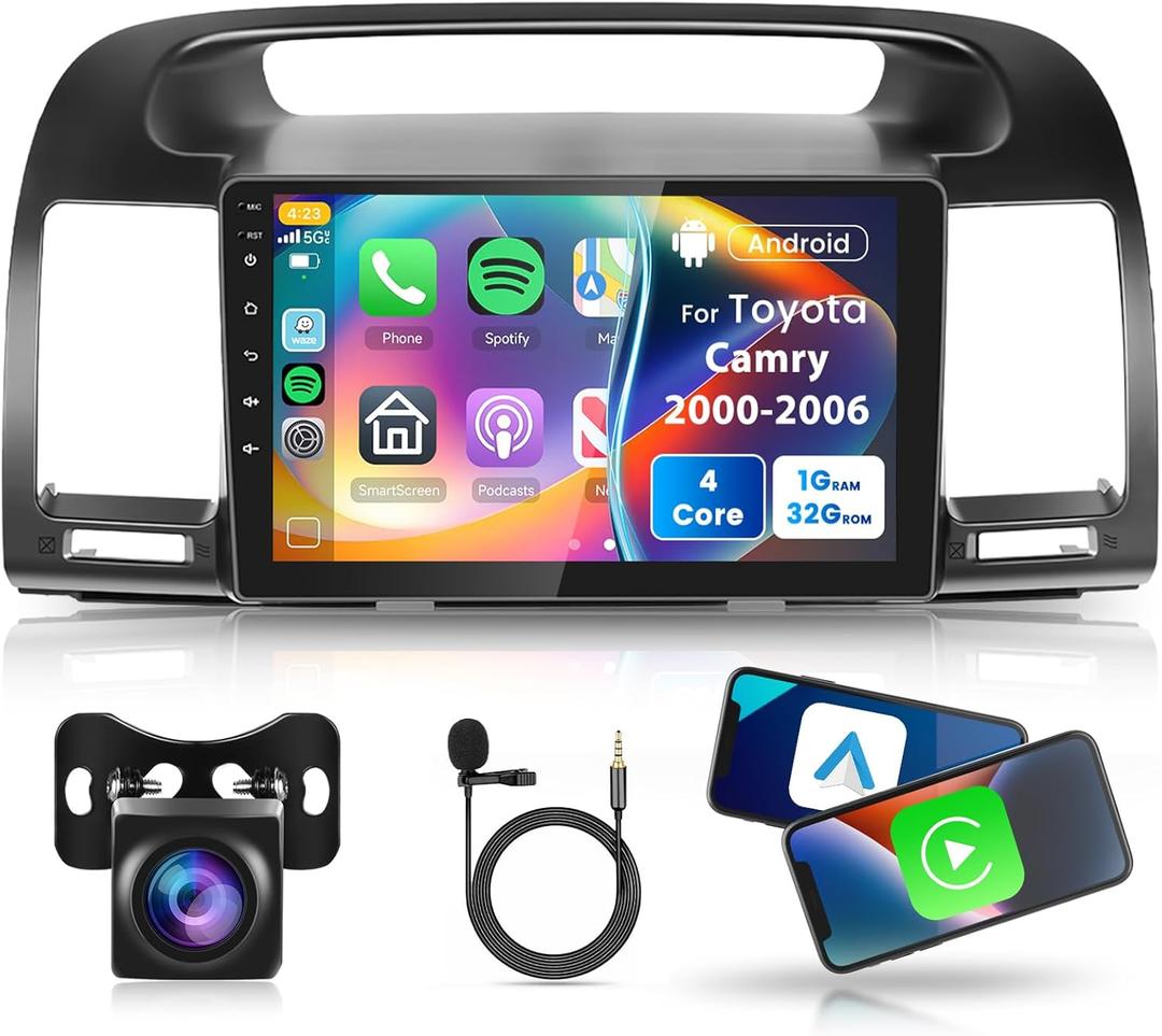 Android Car Stereo for Toyota Camry 2000 2001 2002 2003 2004 2005 2006 Wireless Carplay Android Auto, Rimoody 9'' Touchscreen Car Radio with Mirror Link, Bluetooth/WiFi/GPS/FM/HiFi/SWC+Backup Camera