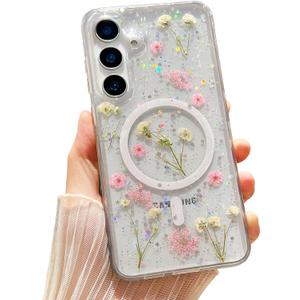 Real Flowers for Samsung Galaxy S25 Plus Case Cute [Magnetic and Wireless Charging] Glitter Phone Cover with Pressed Dried Floral, Drop Protection Case for Women Girls - Clear 6.7"