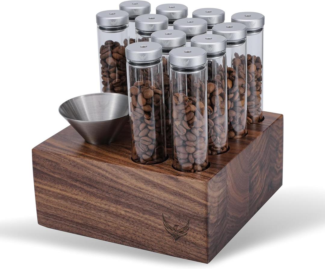Single Dose Coffee Bean Storage Tubes Espresso Bean Cellar 12pcs One-Way Exhaust Valve Lids Glass Dosing Vials With Walnut Stand & Stainless Steel Funnel