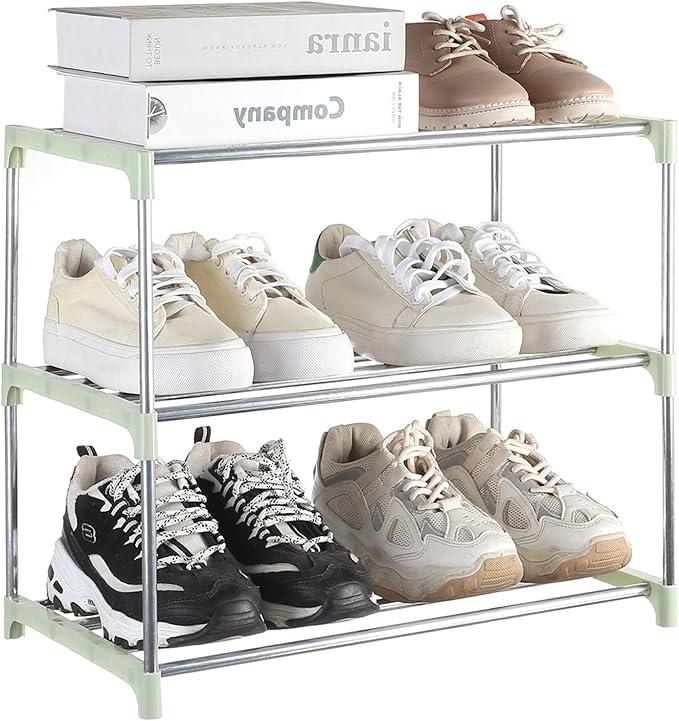 Fouews Small Shoe Rack, Narrow Stackable Shoe Shelf Organizer for Entryway, Doorway and Bedroom Closet (3Tier, Green)