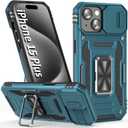 Phone Case for iPhone 15 Plus Case with Camera Lens Cover, with Ring Holder Kickstand, fit Magnetic Car Mount, for iPhone 15 Plus (Light Blue)