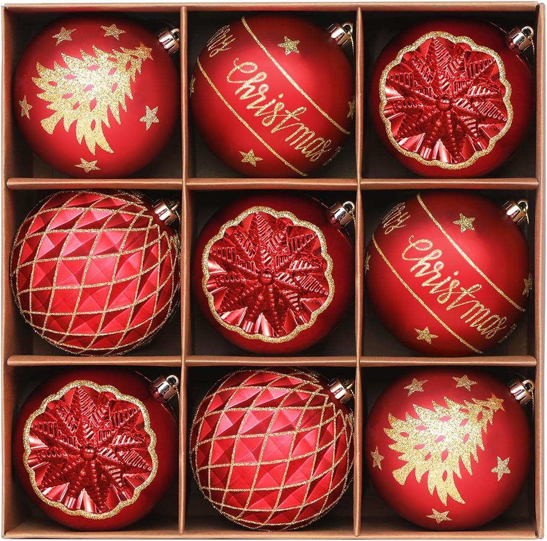 SHareconn 100MM/4 Inch 9PCS Large Christmas Balls Ornaments, Shatterproof Plastic Hanging Big Baubles Set for Xmas Tree Decoration Holiday Party Wedding Decorations with Hook,Red and Gold