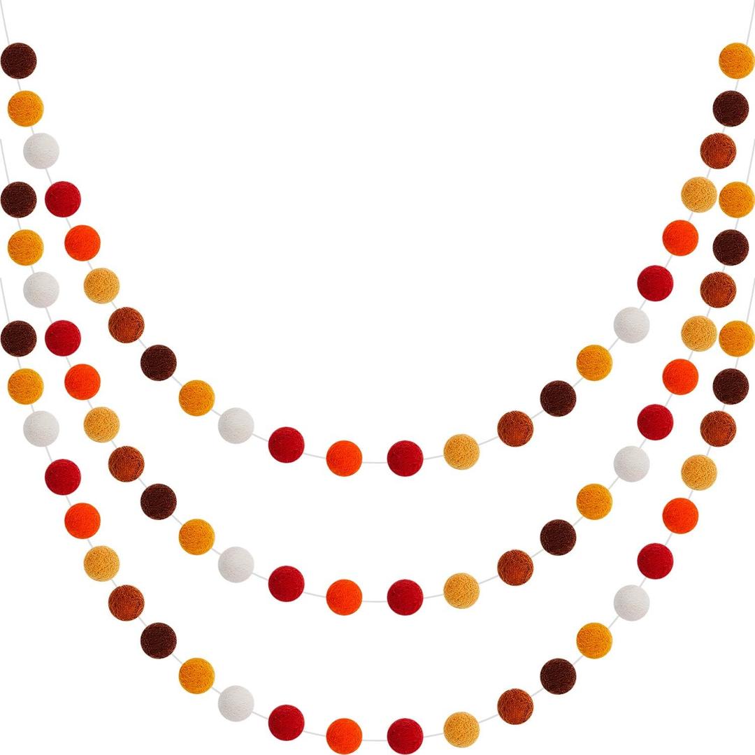 WILLBOND 3 Pieces Wool Felt Rainbow Ball Garland Colorful Pom Pom 6.5 ft Long 24 Ball Garland for Easter Mardi Gras Classroom Halloween Thanksgiving Xmas (Assorted Colors)