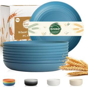 Deep Dinner Plates 10 Inch, Plastic Plates Reusable, Unbreakable Wheat Straw Plates Set of 8, Microwave and Dishwasher Safe Serving Plate for Main Course - Blue