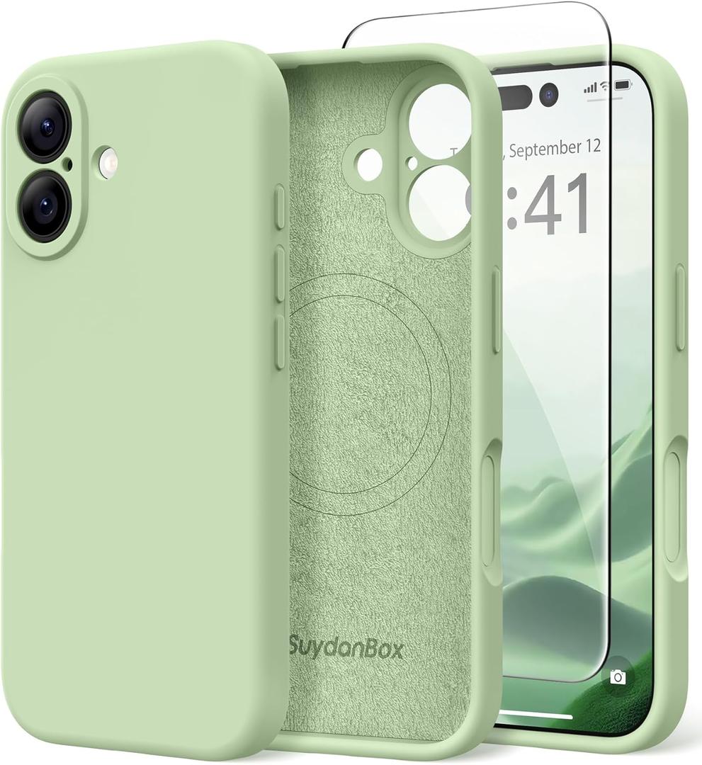 Magnetic for iPhone 16 Case, Compatible with MagSafe, [Screen Protector + Full Camera Protection], Silicone Shockproof Anti-Scratch Protective Phone Case for iPhone 16 6.1", Matcha