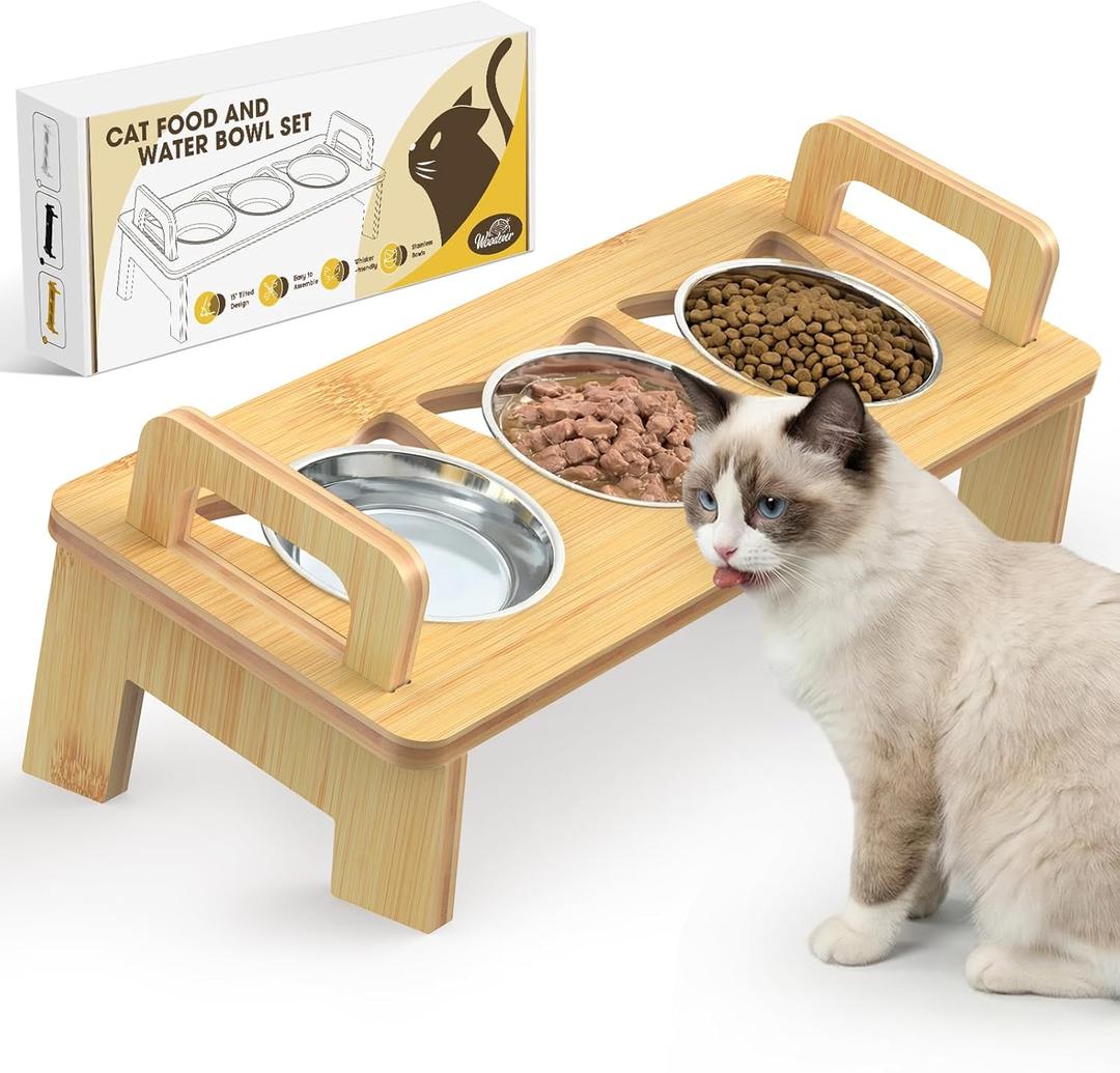 Bamboo Elevated Cat Bowls, 3 Stainless Steel Raised Cat Bowl with Stand, 15Tilted Cat Feeding Station, Cat Food and Water Bowl Set for Small Cats, Anti Vomitting, Whisker Fatigue (Natural)