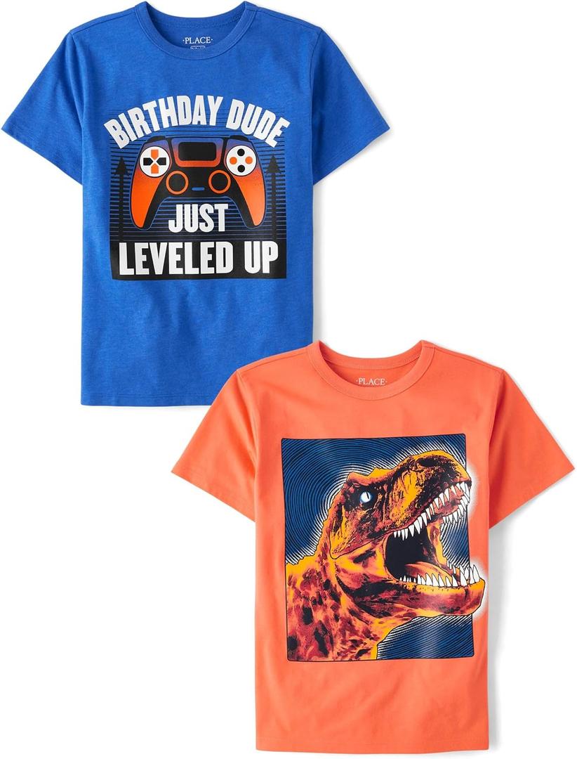 The Children's Place Boys All Holidays,Birthdays Short Sleeve Graphic T-Shirts,2 Pack (Blue, XS)
