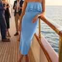 ZESICA Womens Summer Strapless Knit Bodycon Dress 2026 Off Shoulder Ruffle Wedding Guest Party Long Midi Sweater Dresses (Blue, M)