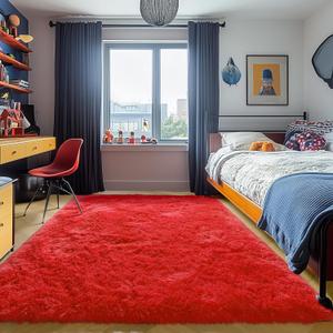 ONASAR Red Area Rugs for Bedroom Living Room, Fluffy 4x6 Indoor Bedside Floor Throw Rug, Soft Plush Shaggy Carpet for Nursery Kids Girls Boys Teen Dorm Home Office Decor Aesthetic