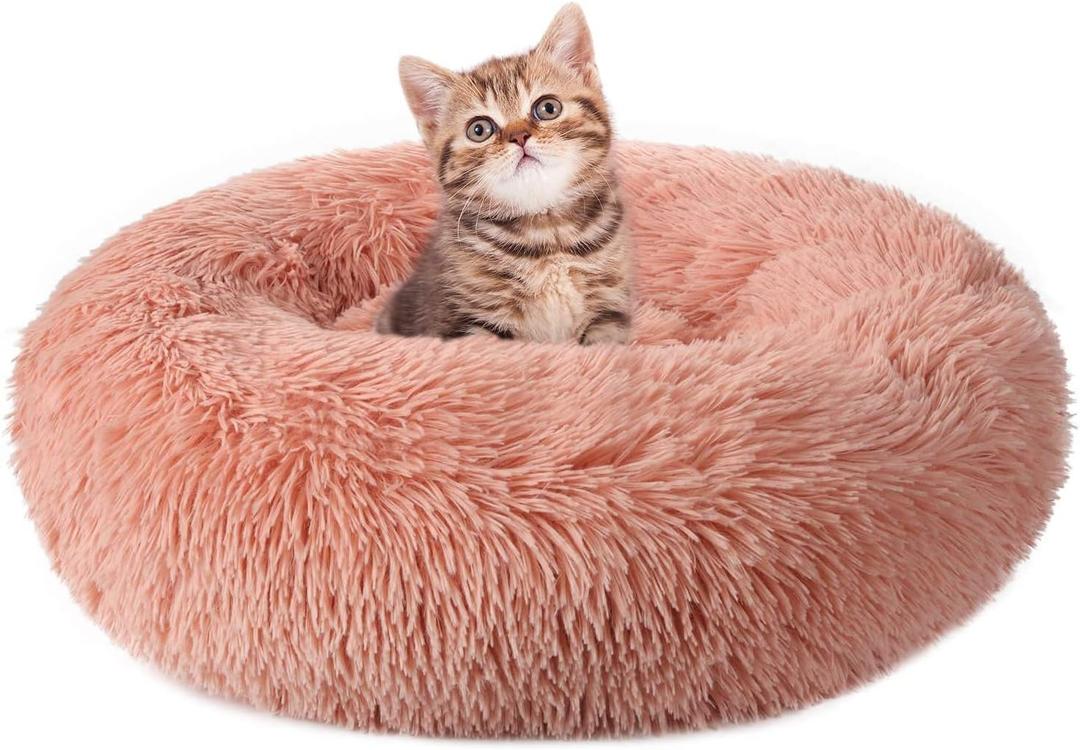rabbitgoo Cat Beds for Indoor Cats, 20 inches Cat Bed Machine Washable, Fluffy Round Pet Bed Non-Slip, Calming Soft Plush Donut Cuddler Cushion Self Warming for Small Dogs Kittens, Light Pink, Medium (20"L x 20"W x 4.7"Th)