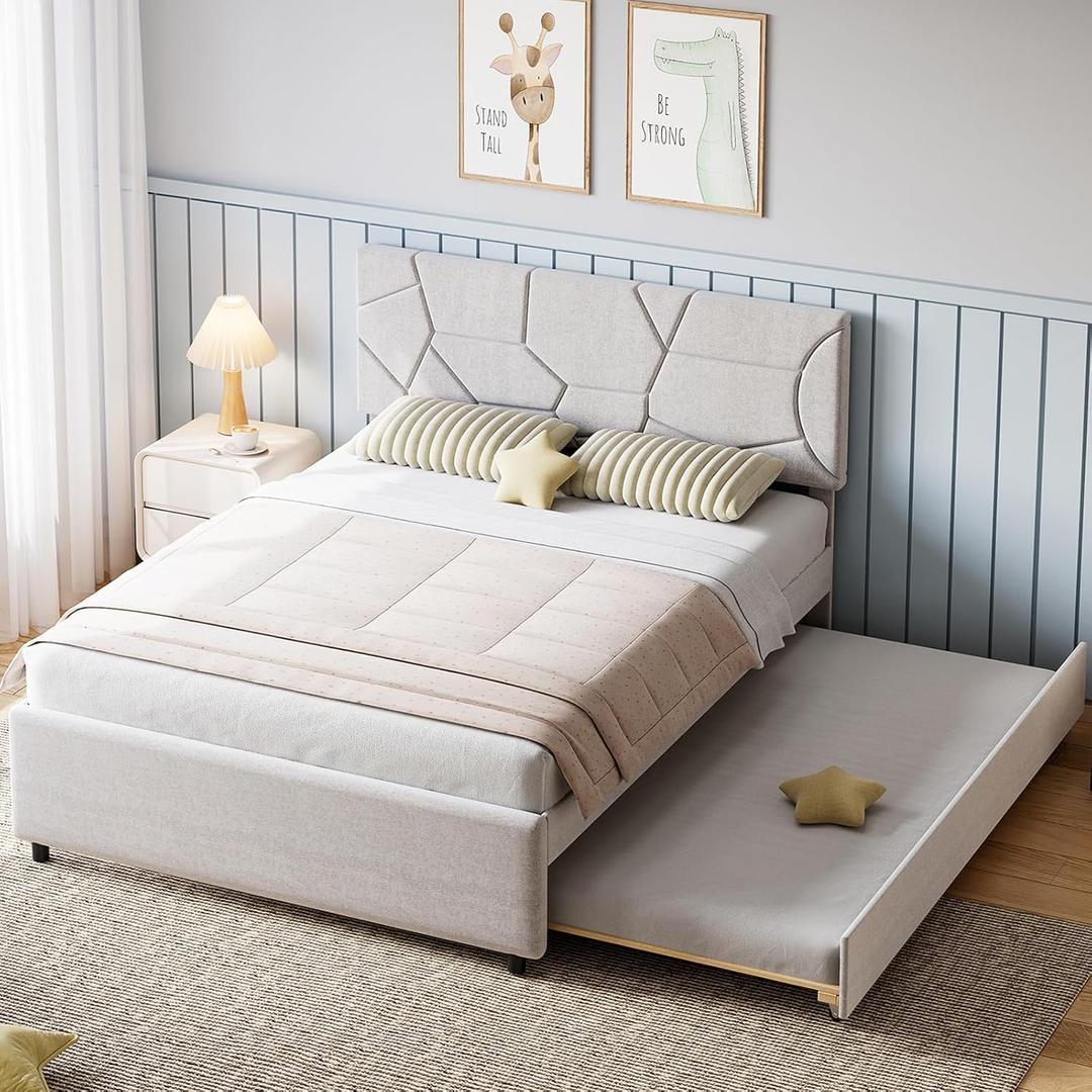 Garvee Queen Size Bed Frame with Trundle, Upholstered Platform Bed Frame with Headboard, Trundle Bed Twin, Wood Slat Support, for Bedroom, Living Room, Guest Room | Trundle Bed Twin, Bed Frame with Headboard, Wood Slat Support, for Bedroom, Living Room, Guest Room