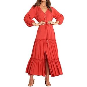 R.Vivimos Maxi Dress for Women Long Sleeve V Neck Drawstring Button Up Casual Split Flowy Dress, Size S