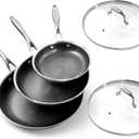 Deluxe 5pc Hybrid Nonstick Frying Pans Set with Lids, 8, 10 & 12" Pans | Ceramic Nonstick,Stay-Cool Handle, Dishwasher Oven Safe, for All Stovetops Induction for Home Daily Cooking (Black)