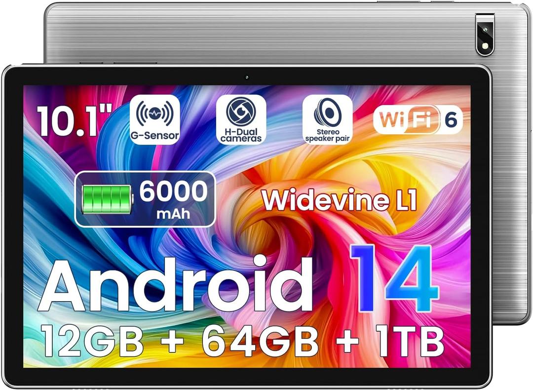 Tablet 10.1 Inch Android 14 Tablet Octa-Core, 12GB RAM+64GB ROM 1TB Expand, 2+8MP Camera, BT5, Tablets PC 2.4/5G WiFi 6,1080 IPS FHD Screen, Tablets Android Gifts for Men Women