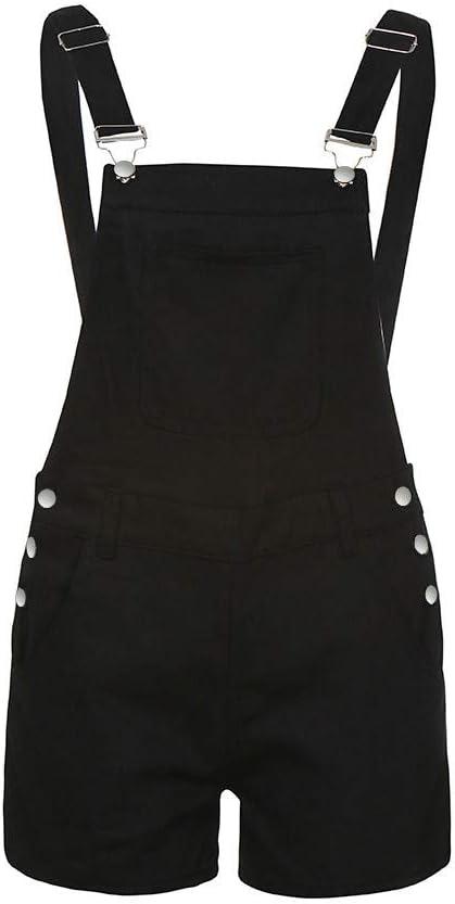 Women Loose Denim Bib Hole Pants Overalls Jeans Demin Shorts Jumpsuit Solid Color Romper with Pockets (Medium, Black)