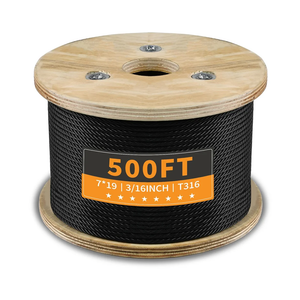 T316 Black 3/16“ Stainless Steel Cable 500ft Wire Rope 7x19 Strands Marine Grade Aircraft Cable 3700lbs Breaking Strength, Cable for Stair Fence Porch Deck Cable Railing, Clothesline & Yard Zipline
