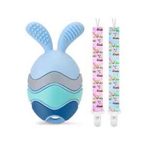 Easter Egg Bunny Baby Teether for Easter Basket Stuffers, Rabbit Egg Rattle Toy Teething for Easter Basket Essentials Infant Boys & Girls First Gifts with 2 Packs Easter Egg Pacifier Clip, 3 Months+ Pack of 3