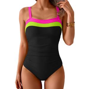 Women's Ribbed One Piece Swimsuits Color Block Tummy Control Bathing Suit Slimming 1 Piece Swimwear (Large, Black-green-pink)