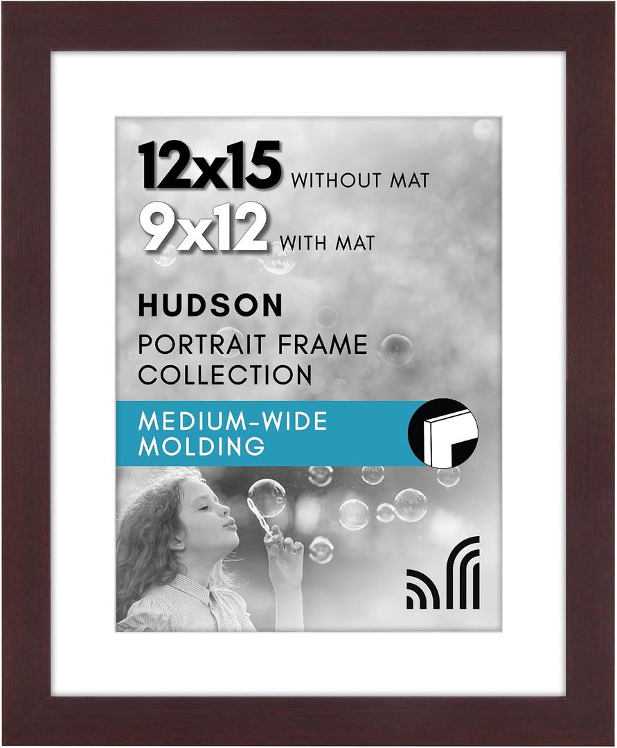 Americanflat 12x15 Picture Frame with Shatter-Resistant Glass - Use as 9x12 Frame with Mat or Display 12x15 Photo Without Mat - Hudson Collection - Wide Picture Frames for Wall Display - Mahogany