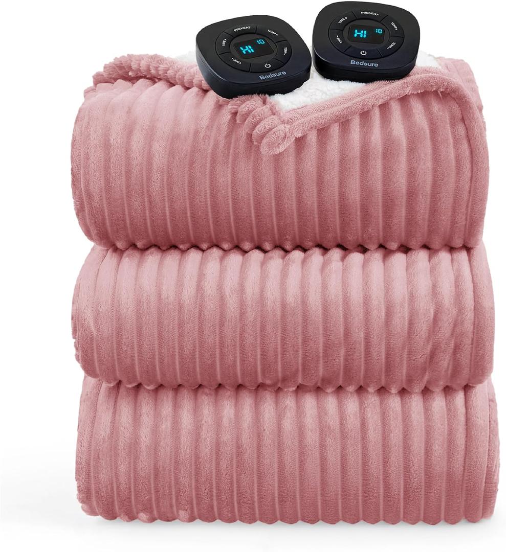 Bedsure GentleSoft Electric Blanket King Size - Soft Ribbed Flannel Heated Blanket with Dual Control, Heating with 10 Heat Settings, 10 Time Settings, 8 hrs Timer Auto Shut Off (90"x100", Pink)