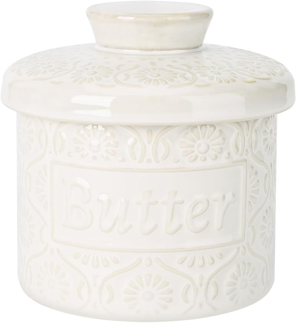 Butter Crock with Water Line, Ceramic Butter Keeper for Counter, French Butter Dish with Lid for Spreadable Fresh Butter (Vintage White)
