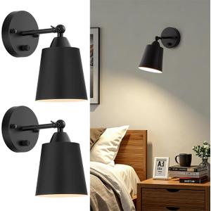 Dimmable Wall Sconces Set of Two, Bedside Wall Mount Lamp with Rotary Switch, Black Bathroom Vanity Lights with Metal Shade, Hardwired Swing Arm Wall Lights for Bedroom Living Room Hallway